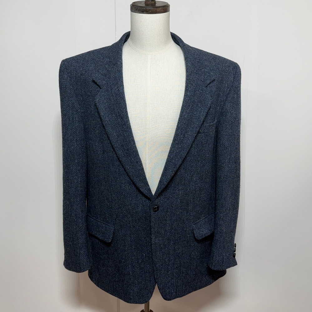 Harris Tweed Blazer Men 44L Blue Virgin Wool Sport Coat Herringbone Scotland